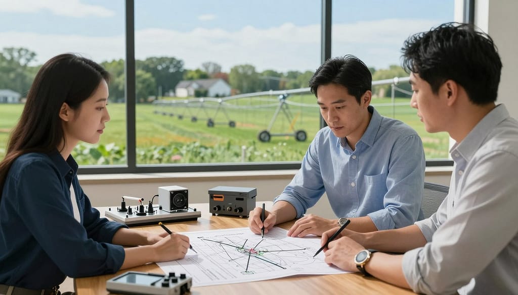 A professional landscape scene showcasing a commercial irrigation planning meeting in Connecticut. In the foreground, two business professionals in smart casual clothing are examining detailed irrigation system blueprints on a wooden table, with various irrigation equipment models placed around them. The middle layer includes a large window displaying lush green fields and modern irrigation systems in action, under bright, natural daylight. In the background, a soft-focus view of a suburban Connecticut landscape with trees and a clear blue sky adds depth to the setting. The overall ambiance is collaborative and informative, with a sense of focus and professionalism as the characters engage in thoughtful discussion about irrigation costs and plans. A professional landscape scene showcasing a commercial irrigation planning meeting in Connecticut. In the foreground, two business professionals in smart casual clothing are examining detailed irrigation system blueprints on a wooden table, with various irrigation equipment models placed around them. The middle layer includes a large window displaying lush green fields and modern irrigation systems in action, under bright, natural daylight. In the background, a soft-focus view of a suburban Connecticut landscape with trees and a clear blue sky adds depth to the setting. The overall ambiance is collaborative and informative, with a sense of focus and professionalism as the characters engage in thoughtful discussion about irrigation costs and plans.