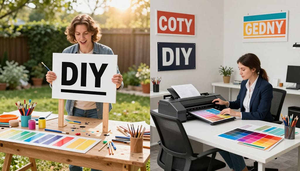 A split scene illustrating the contrast between DIY and professional yard sign creation. On the left, a bright, cheerful backyard workshop filled with craft supplies: colorful paint, brushes, wooden stakes, and partially completed signs. A focused individual in casual attire, with a paintbrush in hand, showcases enthusiasm in the DIY process. On the right, a sleek, modern graphics studio, featuring a professional designer in business attire, operating a high-tech printer, surrounded by vibrant samples of polished yard signs. The background features greenery and sunlight streaming in, creating a warm ambiance. The composition should emphasize the creative chaos of DIY versus the sleek professionalism of commercial sign-making, captured with a warm, inviting light, emphasizing the contrast in styles and execution. A split scene illustrating the contrast between DIY and professional yard sign creation. On the left, a bright, cheerful backyard workshop filled with craft supplies: colorful paint, brushes, wooden stakes, and partially completed signs. A focused individual in casual attire, with a paintbrush in hand, showcases enthusiasm in the DIY process. On the right, a sleek, modern graphics studio, featuring a professional designer in business attire, operating a high-tech printer, surrounded by vibrant samples of polished yard signs. The background features greenery and sunlight streaming in, creating a warm ambiance. The composition should emphasize the creative chaos of DIY versus the sleek professionalism of commercial sign-making, captured with a warm, inviting light, emphasizing the contrast in styles and execution.