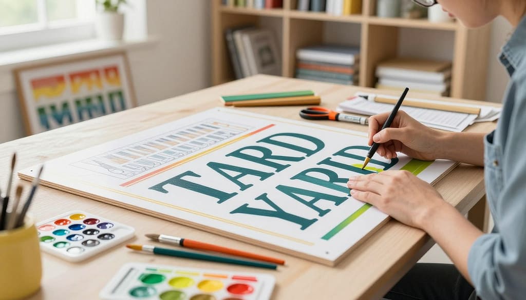 A vibrant and engaging scene depicting the step-by-step design process of custom yard signs. In the foreground, a neatly organized workspace showcases a variety of materials, including blank signboards, colorful paints, brushes, and stencils. Hands of a person in casual, professional attire carefully paint a sign, with an attentive focus on detail. The middle ground features a large, printed template for the yard sign, alongside tools like scissors and markers, accentuating the crafting process. In the background, a well-lit room with shelves filled with design resources creates a creative atmosphere, highlighted by natural light streaming through a nearby window. The overall mood is inviting and inspiring, perfect for illustrating the journey of making custom yard signs. A vibrant and engaging scene depicting the step-by-step design process of custom yard signs. In the foreground, a neatly organized workspace showcases a variety of materials, including blank signboards, colorful paints, brushes, and stencils. Hands of a person in casual, professional attire carefully paint a sign, with an attentive focus on detail. The middle ground features a large, printed template for the yard sign, alongside tools like scissors and markers, accentuating the crafting process. In the background, a well-lit room with shelves filled with design resources creates a creative atmosphere, highlighted by natural light streaming through a nearby window. The overall mood is inviting and inspiring, perfect for illustrating the journey of making custom yard signs.