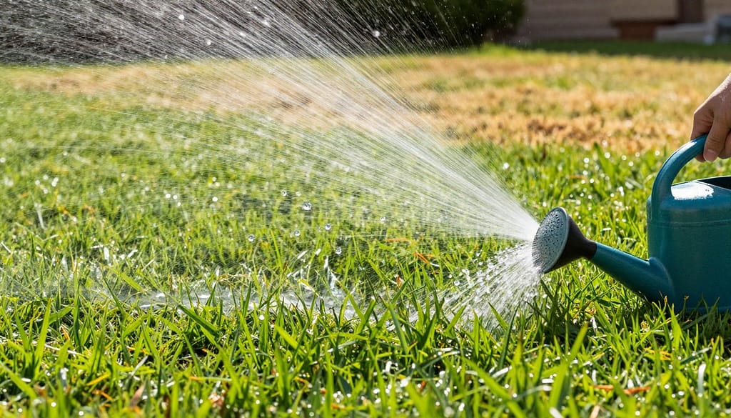 A vibrant depiction of common watering mistakes in lawn care, focusing on a beautifully maintained suburban lawn in the foreground. Illustrate over-watering with patches of soaked grass, while depicting a watering can spilling excessively in one corner. In the middle, show a broken sprinkler spraying too much water, creating a misty effect under the sun. The background features a dry patch of grass, emphasizing improper watering times. Use natural lighting to create a warm, sunny atmosphere, highlighting the contrast between healthy and unhealthy grass. The lens should capture the details of the grass blades, water droplets glistening in the sunlight, and maintain a balanced composition to draw attention to the different watering scenarios without clutter. A vibrant depiction of common watering mistakes in lawn care, focusing on a beautifully maintained suburban lawn in the foreground. Illustrate over-watering with patches of soaked grass, while depicting a watering can spilling excessively in one corner. In the middle, show a broken sprinkler spraying too much water, creating a misty effect under the sun. The background features a dry patch of grass, emphasizing improper watering times. Use natural lighting to create a warm, sunny atmosphere, highlighting the contrast between healthy and unhealthy grass. The lens should capture the details of the grass blades, water droplets glistening in the sunlight, and maintain a balanced composition to draw attention to the different watering scenarios without clutter.