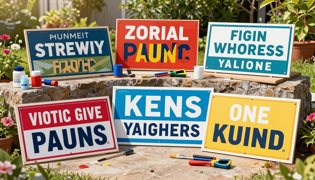 A vibrant display of customized yard sign design elements featuring a variety of signs showcasing different styles, colors, and graphics. In the foreground, several eye-catching yard signs are arranged creatively, displaying unique designs with bold typography and colorful images. The middle ground features tools and materials used for sign-making, such as paints, brushes, and cutting tools. In the background, a sunny garden scene enhances the atmosphere, with greenery and flowers to provide a cheerful setting. Soft, natural lighting illuminates the scene, emphasizing the textures of the signs and materials. The overall mood is inspiring and inviting, encouraging creativity and personalization in yard sign design. A vibrant display of customized yard sign design elements featuring a variety of signs showcasing different styles, colors, and graphics. In the foreground, several eye-catching yard signs are arranged creatively, displaying unique designs with bold typography and colorful images. The middle ground features tools and materials used for sign-making, such as paints, brushes, and cutting tools. In the background, a sunny garden scene enhances the atmosphere, with greenery and flowers to provide a cheerful setting. Soft, natural lighting illuminates the scene, emphasizing the textures of the signs and materials. The overall mood is inspiring and inviting, encouraging creativity and personalization in yard sign design.