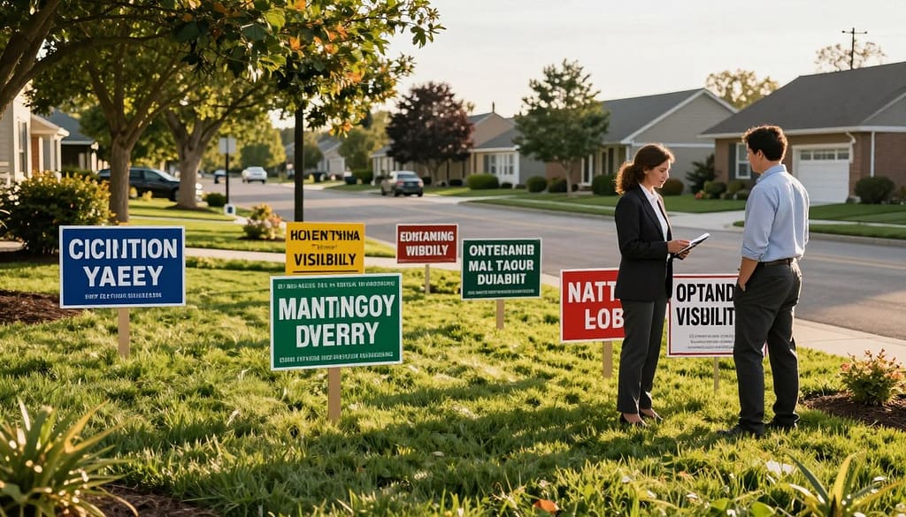 A vibrant suburban yard during the golden hour, showcasing a beautifully manicured lawn with several custom yard signs strategically placed. In the foreground, two individuals, dressed in professional business attire, are inspecting sign placement, discussing optimal visibility and maintenance practices. The middle ground features a variety of eye-catching yard sign designs, emphasizing proper spacing and alignment. In the background, a cozy neighborhood street with trees and houses enhances the community vibe. The lighting is warm and inviting, casting soft shadows that highlight the details of the signs. The atmosphere feels calm and productive, capturing the essence of thoughtful sign placement and care while maintaining a professional and organized appearance. A vibrant suburban yard during the golden hour, showcasing a beautifully manicured lawn with several custom yard signs strategically placed. In the foreground, two individuals, dressed in professional business attire, are inspecting sign placement, discussing optimal visibility and maintenance practices. The middle ground features a variety of eye-catching yard sign designs, emphasizing proper spacing and alignment. In the background, a cozy neighborhood street with trees and houses enhances the community vibe. The lighting is warm and inviting, casting soft shadows that highlight the details of the signs. The atmosphere feels calm and productive, capturing the essence of thoughtful sign placement and care while maintaining a professional and organized appearance.