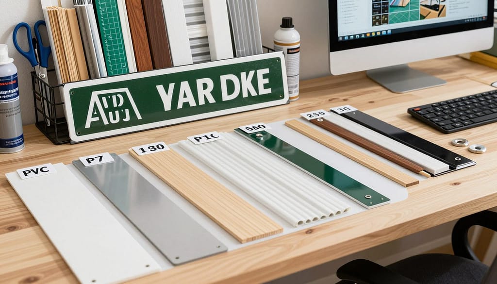 A well-organized workspace showcasing various yard sign materials and their associated costs. In the foreground, neatly arranged samples of PVC boards, corrugated plastic sheets, and wooden stakes, labeled with prices. The middle ground features a partially assembled yard sign, highlighting different materials and tools, such as grommets and paint. The background displays an organized tool rack with scissors, a cutting mat, a weatherproof paint spray can, and a computer screen with design software open. Soft, natural lighting brightens the space, creating a welcoming atmosphere. Capture the scene from a slightly elevated angle to give a clear view of the materials and workspace, while maintaining a professional, instructional mood. A well-organized workspace showcasing various yard sign materials and their associated costs. In the foreground, neatly arranged samples of PVC boards, corrugated plastic sheets, and wooden stakes, labeled with prices. The middle ground features a partially assembled yard sign, highlighting different materials and tools, such as grommets and paint. The background displays an organized tool rack with scissors, a cutting mat, a weatherproof paint spray can, and a computer screen with design software open. Soft, natural lighting brightens the space, creating a welcoming atmosphere. Capture the scene from a slightly elevated angle to give a clear view of the materials and workspace, while maintaining a professional, instructional mood.