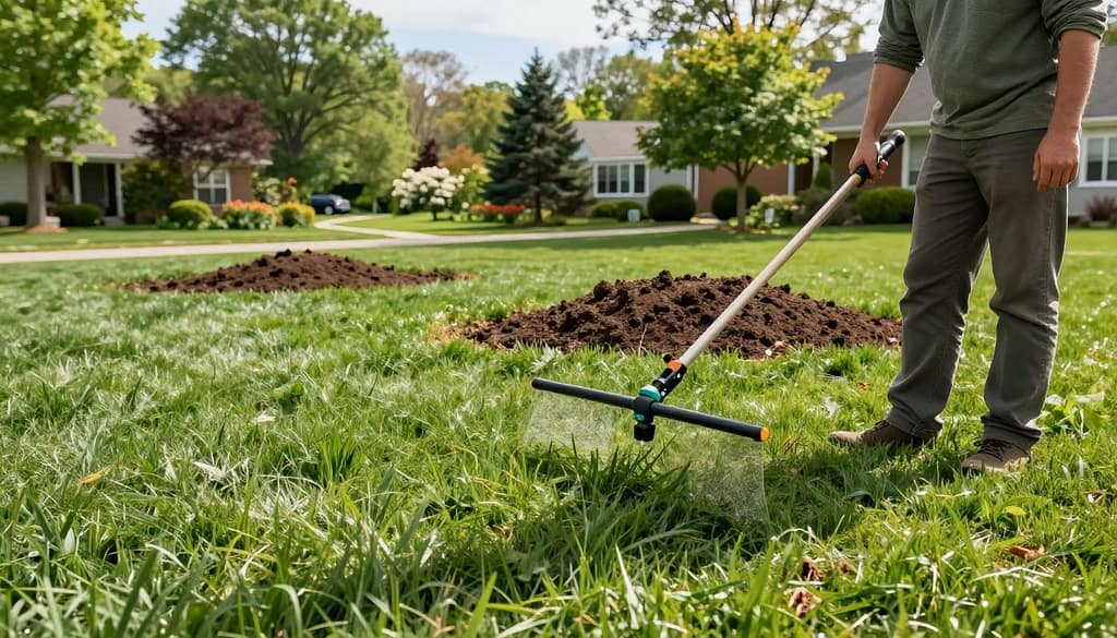 A detailed view of Connecticut lawn feeding practices, showcasing a lush green lawn with healthy grass and vibrant base. In the foreground, a professional gardener in modest casual clothing applies organic fertilizer using a handheld spreader, demonstrating proper technique. In the middle ground, patches of rich soil include contrasting healthy turf and a small compost area, emphasizing sustainable care. The background features a picturesque suburban setting, with trees and flowering shrubs under a clear blue sky, creating a tranquil and inviting atmosphere. Soft, natural lighting casts gentle shadows, enhancing textures of the grass and soil. The scene captures a sense of community and responsibility towards nature through effective lawn care. A detailed view of Connecticut lawn feeding practices, showcasing a lush green lawn with healthy grass and vibrant base. In the foreground, a professional gardener in modest casual clothing applies organic fertilizer using a handheld spreader, demonstrating proper technique. In the middle ground, patches of rich soil include contrasting healthy turf and a small compost area, emphasizing sustainable care. The background features a picturesque suburban setting, with trees and flowering shrubs under a clear blue sky, creating a tranquil and inviting atmosphere. Soft, natural lighting casts gentle shadows, enhancing textures of the grass and soil. The scene captures a sense of community and responsibility towards nature through effective lawn care.