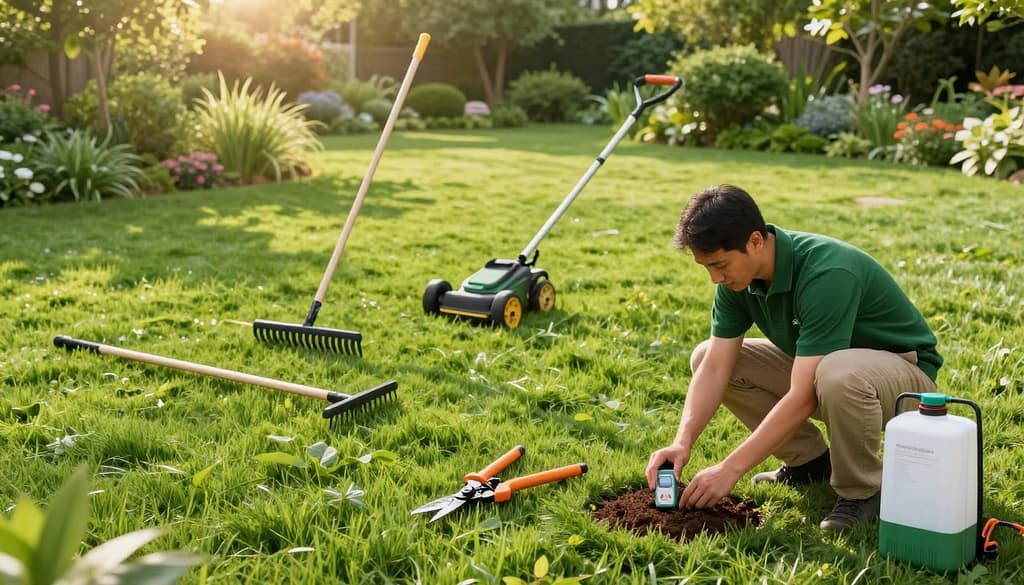 A picturesque lawn care scene depicting the various tasks of "between-mow turf maintenance." In the foreground, a landscape professional, dressed in a green polo shirt and khaki pants, is carefully checking soil moisture with a moisture meter. Nearby, a pair of hedge trimmers and a spreader filled with fertilizer rest on the fresh, green grass. In the middle ground, an array of meticulously arranged tools, including a rake and a lawn aerator, suggest an organized approach to lawn care. In the background, a vibrant, well-maintained lawn stretches into a lush garden, with sunlight filtering through the trees, creating a warm, inviting atmosphere. The perspective captures an aerial view, emphasizing the lushness of the grass and the details of the tools. Soft, natural lighting enhances the serene mood of this idyllic lawn care moment. A picturesque lawn care scene depicting the various tasks of "between-mow turf maintenance." In the foreground, a landscape professional, dressed in a green polo shirt and khaki pants, is carefully checking soil moisture with a moisture meter. Nearby, a pair of hedge trimmers and a spreader filled with fertilizer rest on the fresh, green grass. In the middle ground, an array of meticulously arranged tools, including a rake and a lawn aerator, suggest an organized approach to lawn care. In the background, a vibrant, well-maintained lawn stretches into a lush garden, with sunlight filtering through the trees, creating a warm, inviting atmosphere. The perspective captures an aerial view, emphasizing the lushness of the grass and the details of the tools. Soft, natural lighting enhances the serene mood of this idyllic lawn care moment.