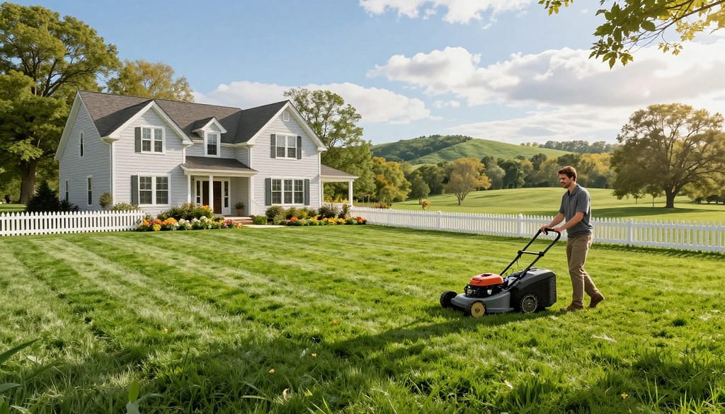 A serene suburban Connecticut landscape featuring a lush green lawn typical of cool-season grass. In the foreground, a well-groomed lawn with visible mowing stripes, showcasing the ideal height for grass in spring and early fall. A professional gardener, dressed in modest casual attire, is mowing the lawn with a modern push mower. In the middle ground, a picturesque home with a white picket fence and colorful flower beds enhances the charm of the scene. The background includes gently rolling hills under a clear blue sky, with soft, warm sunlight filtering through scattered clouds, casting gentle shadows. The mood is peaceful and inviting, ideal for a lawn care discussion, evoking a sense of care and attention to green spaces. A serene suburban Connecticut landscape featuring a lush green lawn typical of cool-season grass. In the foreground, a well-groomed lawn with visible mowing stripes, showcasing the ideal height for grass in spring and early fall. A professional gardener, dressed in modest casual attire, is mowing the lawn with a modern push mower. In the middle ground, a picturesque home with a white picket fence and colorful flower beds enhances the charm of the scene. The background includes gently rolling hills under a clear blue sky, with soft, warm sunlight filtering through scattered clouds, casting gentle shadows. The mood is peaceful and inviting, ideal for a lawn care discussion, evoking a sense of care and attention to green spaces.