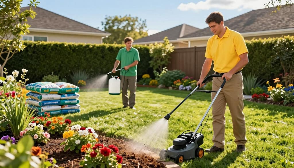 A vibrant garden scene showcasing various extra yard care services in action. In the foreground, a professional landscaper in a bright polo shirt and khakis uses a lawn aerator, demonstrating the importance of aeration for healthy grass. Beside them, a colorful flower bed is being mulched, with bags of mulch neatly arranged. In the middle ground, a lawn care crew carefully sprays an organic fertilizer, with lush green grass reflecting sunlight. In the background, a serene suburban home can be seen, framed by well-maintained hedges and a clear blue sky. The lighting is warm and inviting, capturing the essence of a sunny day. The overall mood conveys professionalism and care, emphasizing the importance of extra yard care services. A vibrant garden scene showcasing various extra yard care services in action. In the foreground, a professional landscaper in a bright polo shirt and khakis uses a lawn aerator, demonstrating the importance of aeration for healthy grass. Beside them, a colorful flower bed is being mulched, with bags of mulch neatly arranged. In the middle ground, a lawn care crew carefully sprays an organic fertilizer, with lush green grass reflecting sunlight. In the background, a serene suburban home can be seen, framed by well-maintained hedges and a clear blue sky. The lighting is warm and inviting, capturing the essence of a sunny day. The overall mood conveys professionalism and care, emphasizing the importance of extra yard care services.