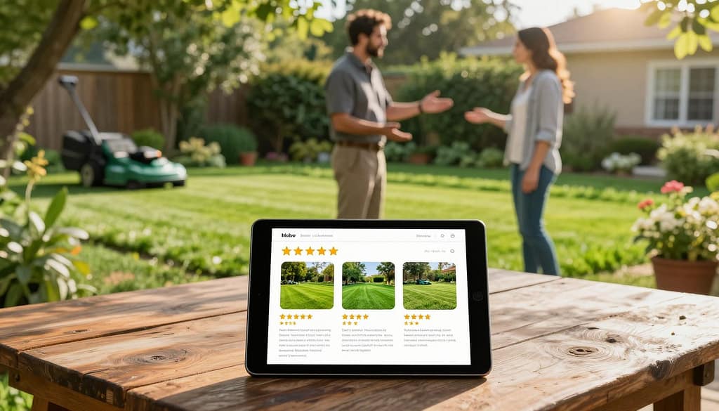 A vibrant scene showcasing an array of local lawn care company reviews displayed on a rustic wooden table in a lush green backyard. In the foreground, a tablet shows glowing five-star ratings next to images of well-maintained lawns, with contrasting colors that highlight the vibrancy of both the grass and the reviews. The middle ground features a professional lawn care technician in modest casual clothing, attentively discussing lawn care options with a homeowner, gesturing towards a healthy, freshly mowed lawn. In the background, soft sunlight filters through leafy trees, casting gentle shadows and enhancing the serene atmosphere. The overall mood is inviting, emphasizing trustworthiness and professionalism in lawn care services. The composition should use a warm color palette and focus on natural lighting to evoke a sense of community and reliability. A vibrant scene showcasing an array of local lawn care company reviews displayed on a rustic wooden table in a lush green backyard. In the foreground, a tablet shows glowing five-star ratings next to images of well-maintained lawns, with contrasting colors that highlight the vibrancy of both the grass and the reviews. The middle ground features a professional lawn care technician in modest casual clothing, attentively discussing lawn care options with a homeowner, gesturing towards a healthy, freshly mowed lawn. In the background, soft sunlight filters through leafy trees, casting gentle shadows and enhancing the serene atmosphere. The overall mood is inviting, emphasizing trustworthiness and professionalism in lawn care services. The composition should use a warm color palette and focus on natural lighting to evoke a sense of community and reliability.
