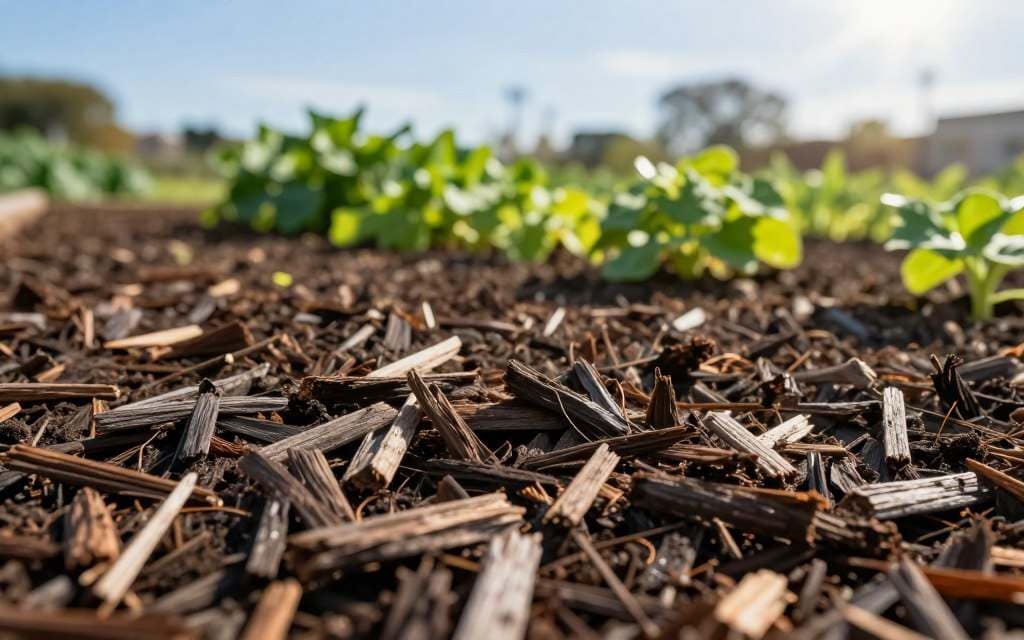 Close-up image of garden mulching, highlighting its rich texture and color, used to retain moisture and suppress weeds.