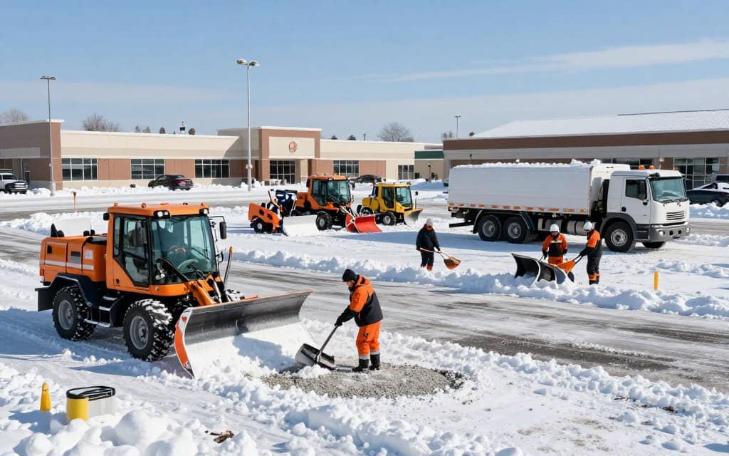 A bustling commercial scene featuring comprehensive snow removal services. In the foreground, a snowplow clears fresh snow from a large parking lot while a team of workers in professional winter gear meticulously spreads salt and gravel. The middle ground showcases an array of snow removal equipment, such as shovels, snow blowers, and a large snow truck, all designed for efficiency. In the background, a business complex is visible, covered in a pristine blanket of snow, with clear, blue skies overhead. The lighting is bright and sunny, creating a cheerful atmosphere. The perspective is slightly elevated, giving a sweeping view of the entire operation, emphasizing the scale and professionalism of the services provided.