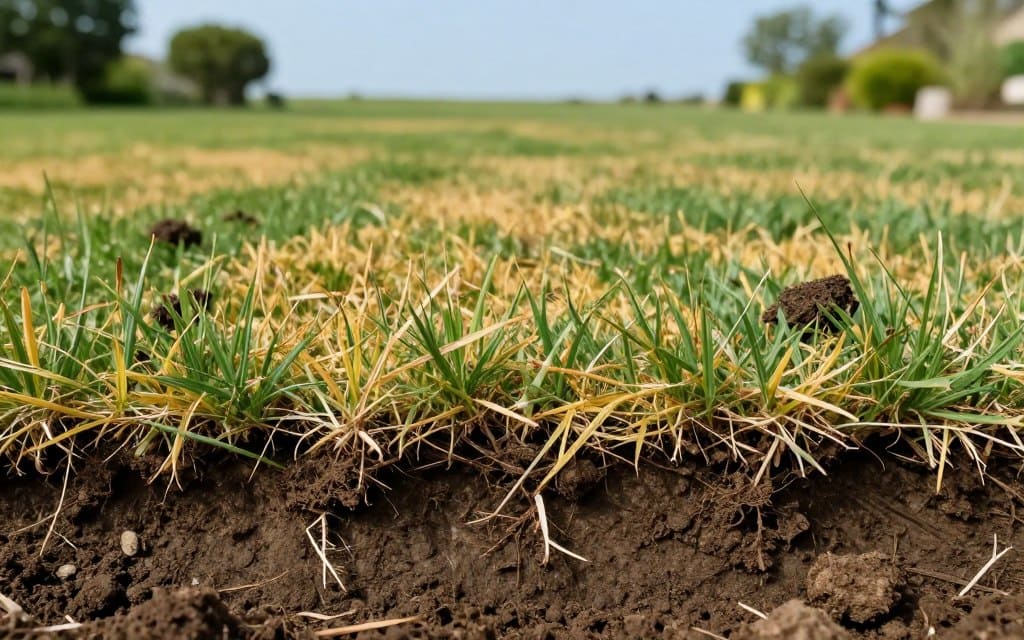 A close-up view of soil compaction signs in a residential lawn, highlighting unhealthy grass areas showing yellowing patches, thinning, and bare spots. In the foreground, display a cross-section of compacted soil, revealing tightly packed particles, with roots struggling to penetrate. In the middle ground, depict struggling grass blades, some wilting, complemented by small soil clumps. The background should feature a clear blue sky and a well-maintained garden, contrasting with the distressed turf. Use soft, natural lighting to enhance the texture of the soil while ensuring a focus on the contrasting health of the surrounding lawn. Capture an informative, atmospheric mood that emphasizes the importance of aerating compacted soil for vibrant grass growth. A close-up view of soil compaction signs in a residential lawn, highlighting unhealthy grass areas showing yellowing patches, thinning, and bare spots. In the foreground, display a cross-section of compacted soil, revealing tightly packed particles, with roots struggling to penetrate. In the middle ground, depict struggling grass blades, some wilting, complemented by small soil clumps. The background should feature a clear blue sky and a well-maintained garden, contrasting with the distressed turf. Use soft, natural lighting to enhance the texture of the soil while ensuring a focus on the contrasting health of the surrounding lawn. Capture an informative, atmospheric mood that emphasizes the importance of aerating compacted soil for vibrant grass growth.