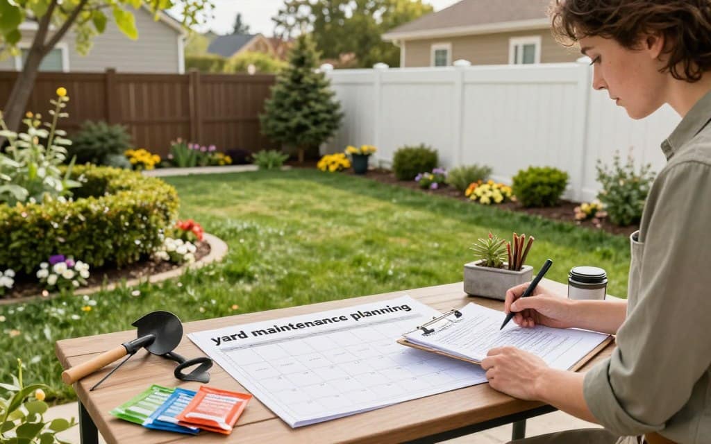 A detailed scene illustrating "yard maintenance planning" in a serene suburban backyard. In the foreground, a well-organized outdoor table displays gardening tools, a planting calendar, and colorful seed packets. A professional landscape planner, dressed in smart casual attire, examines blueprints and makes notes on a clipboard. The middle ground features a lush lawn with vibrant flowers and neatly trimmed hedges, suggesting recent care. In the background, a pristine fence encircles the yard, and trees gently sway under soft sunlight, creating a warm, inviting atmosphere. The lighting is bright and natural, indicating a clear spring day. The perspective is slightly elevated, capturing a comprehensive view of this idyllic scene of yard maintenance planning. A detailed scene illustrating "yard maintenance planning" in a serene suburban backyard. In the foreground, a well-organized outdoor table displays gardening tools, a planting calendar, and colorful seed packets. A professional landscape planner, dressed in smart casual attire, examines blueprints and makes notes on a clipboard. The middle ground features a lush lawn with vibrant flowers and neatly trimmed hedges, suggesting recent care. In the background, a pristine fence encircles the yard, and trees gently sway under soft sunlight, creating a warm, inviting atmosphere. The lighting is bright and natural, indicating a clear spring day. The perspective is slightly elevated, capturing a comprehensive view of this idyllic scene of yard maintenance planning.