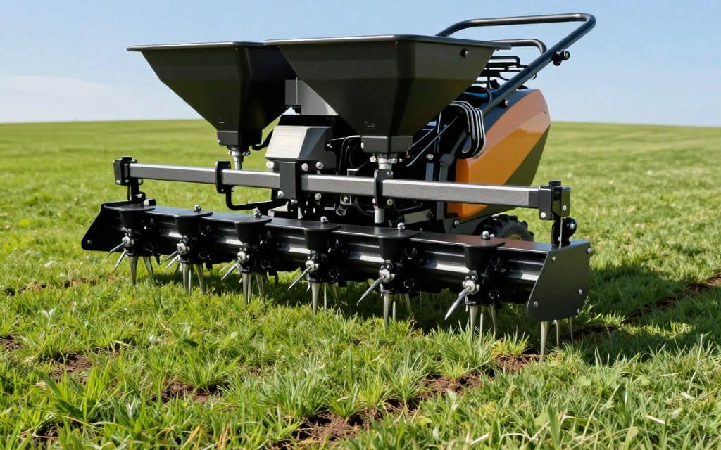 A powerful power seeding machine is the focus of this image, showcasing its robust design and features. In the foreground, the machine is depicted with intricate details, highlighting its precision components like aeration spikes and seed hoppers, reflecting its advanced technology. The middle ground features a well-maintained green lawn, demonstrating the effectiveness of turf power seeding, with freshly seeded patches visibly sprouting new grass. In the background, a clear blue sky creates a vibrant atmosphere, enhancing the impression of a healthy outdoor environment. Soft, natural lighting casts gentle shadows, emphasizing the contours of the machine and the lushness of the lawn. The overall mood is innovative and professional, suitable for illustrating effective turf power seeding methods. A powerful power seeding machine is the focus of this image, showcasing its robust design and features. In the foreground, the machine is depicted with intricate details, highlighting its precision components like aeration spikes and seed hoppers, reflecting its advanced technology. The middle ground features a well-maintained green lawn, demonstrating the effectiveness of turf power seeding, with freshly seeded patches visibly sprouting new grass. In the background, a clear blue sky creates a vibrant atmosphere, enhancing the impression of a healthy outdoor environment. Soft, natural lighting casts gentle shadows, emphasizing the contours of the machine and the lushness of the lawn. The overall mood is innovative and professional, suitable for illustrating effective turf power seeding methods.
