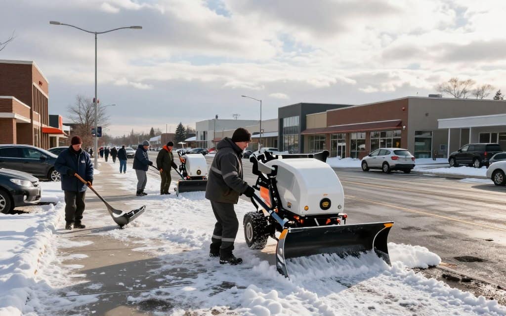 A professional scene depicting commercial snow and ice control needs, showcasing a snow removal team in a business district. In the foreground, a diverse group of workers, dressed in professional winter attire, is operating heavy-duty snowplows and salt spreaders, diligently clearing the sidewalks and parking lots. In the middle, the streets are lined with modern businesses and a few parked vehicles, illustrating a busy commercial setting. The background features a partially cloudy sky with soft morning light illuminating the scene, casting gentle shadows on the snow-covered ground. The atmosphere is industrious and focused, emphasizing the importance of reliable snow and ice management for businesses.