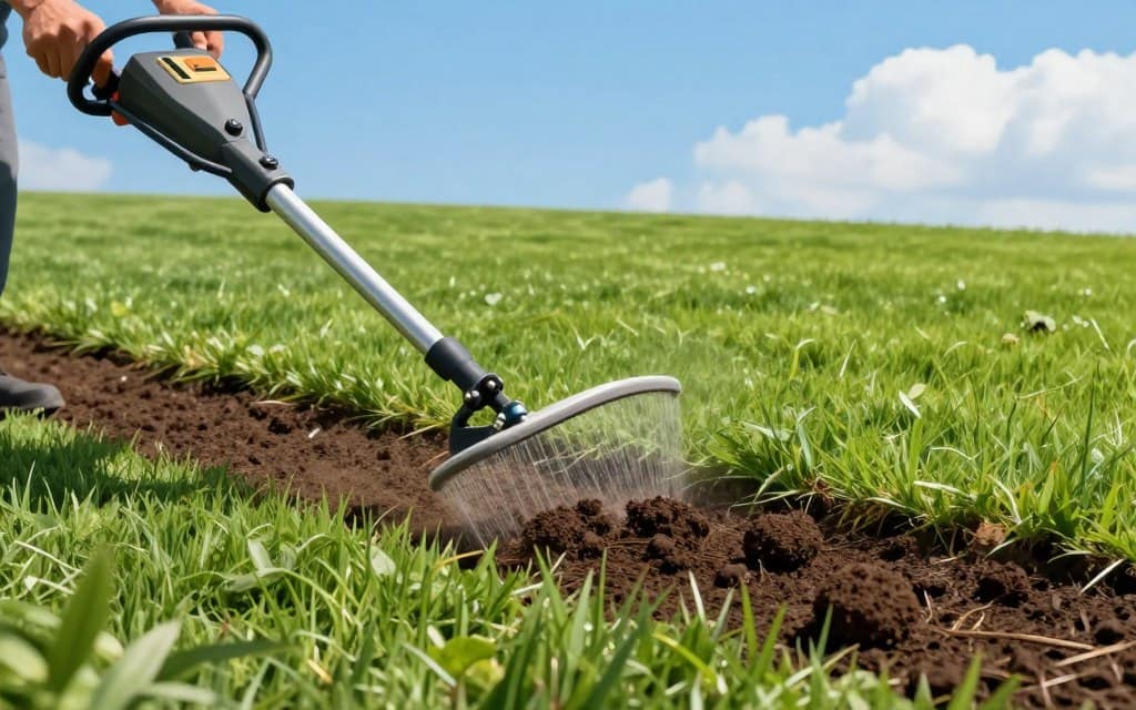 A vibrant and detailed illustration of the lawn aeration process, showcasing an aerator machine in action across a lush green turf. In the foreground, the aerator is actively perforating the soil, with soil plugs visibly being removed from the lawn. The middle ground features healthy, vibrant grass contrasted with the exposed soil, highlighting the garden's health. In the background, a clear blue sky and a few fluffy clouds create a serene outdoor atmosphere. Soft, natural sunlight casts gentle shadows, enhancing the texture of the grass and soil. The angle is slightly elevated, providing a comprehensive view of the aeration activity, inviting a sense of professionalism and care in lawn maintenance. The overall mood is informative and engaging, illustrating the importance of turf aeration in maintaining vibrant lawns. A vibrant and detailed illustration of the lawn aeration process, showcasing an aerator machine in action across a lush green turf. In the foreground, the aerator is actively perforating the soil, with soil plugs visibly being removed from the lawn. The middle ground features healthy, vibrant grass contrasted with the exposed soil, highlighting the garden's health. In the background, a clear blue sky and a few fluffy clouds create a serene outdoor atmosphere. Soft, natural sunlight casts gentle shadows, enhancing the texture of the grass and soil. The angle is slightly elevated, providing a comprehensive view of the aeration activity, inviting a sense of professionalism and care in lawn maintenance. The overall mood is informative and engaging, illustrating the importance of turf aeration in maintaining vibrant lawns.