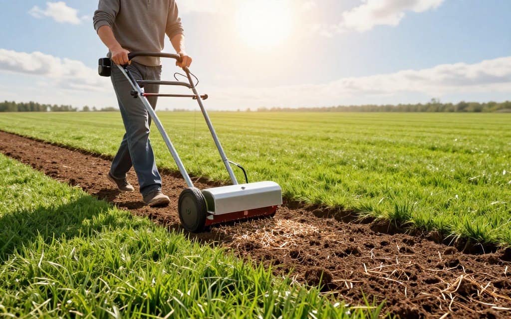 A vibrant landscape showcasing the optimal timing for power seeding, focusing on a freshly prepared lawn ready for seed application. In the foreground, depict a professional in modest casual clothing using a power seeder, demonstrating the technique with precision. The middle ground features freshly tilled soil, covered with seed and surrounded by lush green turf. The background showcases a sunny sky with soft, warm lighting filtering through, creating a sense of ideal conditions for seeding. The camera angle is slightly elevated, providing a comprehensive view of the entire scene, emphasizing the step-by-step process of effective turf power seeding techniques. The overall mood is vibrant and encouraging, highlighting the importance of timing in lawn care. A vibrant landscape showcasing the optimal timing for power seeding, focusing on a freshly prepared lawn ready for seed application. In the foreground, depict a professional in modest casual clothing using a power seeder, demonstrating the technique with precision. The middle ground features freshly tilled soil, covered with seed and surrounded by lush green turf. The background showcases a sunny sky with soft, warm lighting filtering through, creating a sense of ideal conditions for seeding. The camera angle is slightly elevated, providing a comprehensive view of the entire scene, emphasizing the step-by-step process of effective turf power seeding techniques. The overall mood is vibrant and encouraging, highlighting the importance of timing in lawn care.