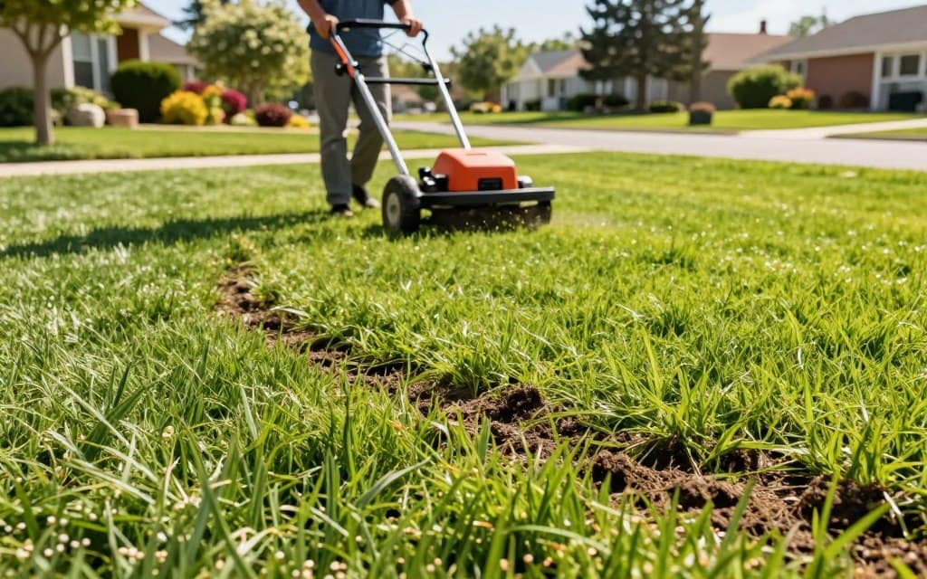 A vibrant scene depicting lawn care challenges, focusing on effective turf power seeding for lawn rejuvenation. In the foreground, show a close-up of a rich, green lawn with patches of bare soil where seeds are being broadcasted. In the middle ground, a professional in modest casual clothing is operating a power seeder, showcasing the action of seeding. The background features a sunny suburban landscape, with neatly trimmed lawns and colorful gardens, indicating a thriving neighborhood. Bright, natural sunlight casts gentle shadows, creating a warm and inviting atmosphere. Use a wide-angle lens to capture the entire scene, emphasizing both the lawn's health and the rejuvenation process. A vibrant scene depicting lawn care challenges, focusing on effective turf power seeding for lawn rejuvenation. In the foreground, show a close-up of a rich, green lawn with patches of bare soil where seeds are being broadcasted. In the middle ground, a professional in modest casual clothing is operating a power seeder, showcasing the action of seeding. The background features a sunny suburban landscape, with neatly trimmed lawns and colorful gardens, indicating a thriving neighborhood. Bright, natural sunlight casts gentle shadows, creating a warm and inviting atmosphere. Use a wide-angle lens to capture the entire scene, emphasizing both the lawn's health and the rejuvenation process.