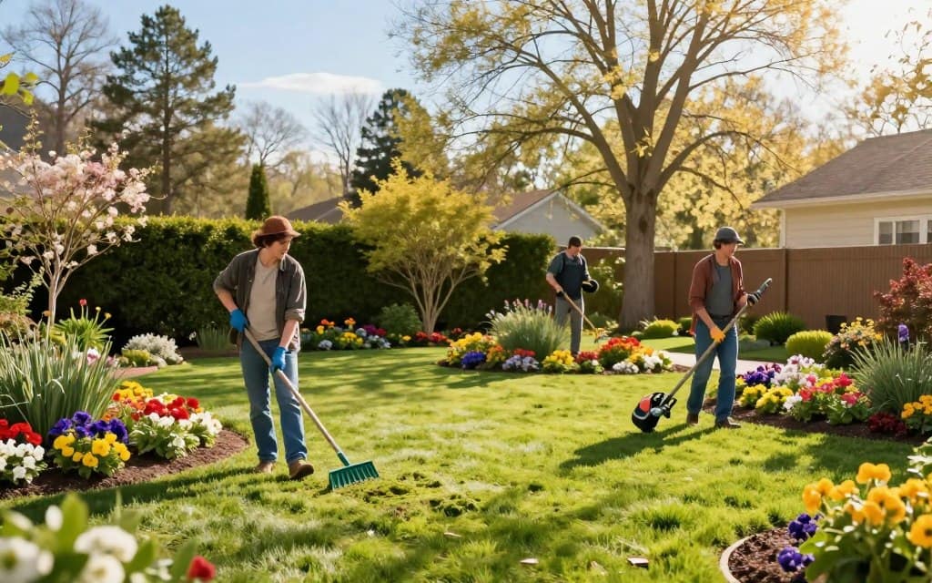 A vibrant spring scene depicting a yard spring cleanup. In the foreground, a neatly manicured lawn is being tended to by two professionals in modest casual clothing, equipped with gardening tools like rakes and leaf blowers. The middle ground features flower beds bursting with colorful blooms and freshly trimmed hedges. In the background, tall trees stand against a clear blue sky, while a sunny golden light casts soft shadows across the scene, creating a warm, inviting atmosphere. The image captures the refreshing essence of spring, inspiring the viewer with a sense of rejuvenation and organization, perfectly framing the theme of yard spring cleanup. The angle is slightly elevated, giving a comprehensive view of the colorful landscape and engaged professionals. A vibrant spring clean-up scene depicting a yard spring cleanup. In the foreground, a neatly manicured lawn is being tended to by two professionals in modest casual clothing, equipped with gardening tools like rakes and leaf blowers. The middle ground features flower beds bursting with colorful blooms and freshly trimmed hedges. In the background, tall trees stand against a clear blue sky, while a sunny golden light casts soft shadows across the scene, creating a warm, inviting atmosphere. The image captures the refreshing essence of spring, inspiring the viewer with a sense of rejuvenation and organization, perfectly framing the theme of yard spring cleanup. The angle is slightly elevated, giving a comprehensive view of the colorful landscape and engaged professionals.