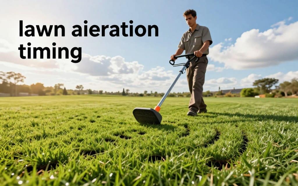 A vivid image illustrating "lawn aeration timing" as part of effective turf management. In the foreground, a well-groomed, vibrant green lawn shows intricate patterns of aeration holes, emphasizing the precise timing of the process. In the middle ground, a professional landscape technician, dressed in modest work attire with a focused expression, carefully operates a gas-powered lawn aerator, showcasing the action of aerating the turf. In the background, a bright blue sky with fluffy white clouds hints at a perfect day for lawn care. Golden sunlight bathes the scene, creating an inviting and productive atmosphere, while the lens captures the image from a slight upward angle, highlighting the depth of field and detailed textures of the grass. A vivid image illustrating "lawn aeration timing" as part of effective turf management. In the foreground, a well-groomed, vibrant green lawn shows intricate patterns of aeration holes, emphasizing the precise timing of the process. In the middle ground, a professional landscape technician, dressed in modest work attire with a focused expression, carefully operates a gas-powered lawn aerator, showcasing the action of aerating the turf. In the background, a bright blue sky with fluffy white clouds hints at a perfect day for lawn care. Golden sunlight bathes the scene, creating an inviting and productive atmosphere, while the lens captures the image from a slight upward angle, highlighting the depth of field and detailed textures of the grass.