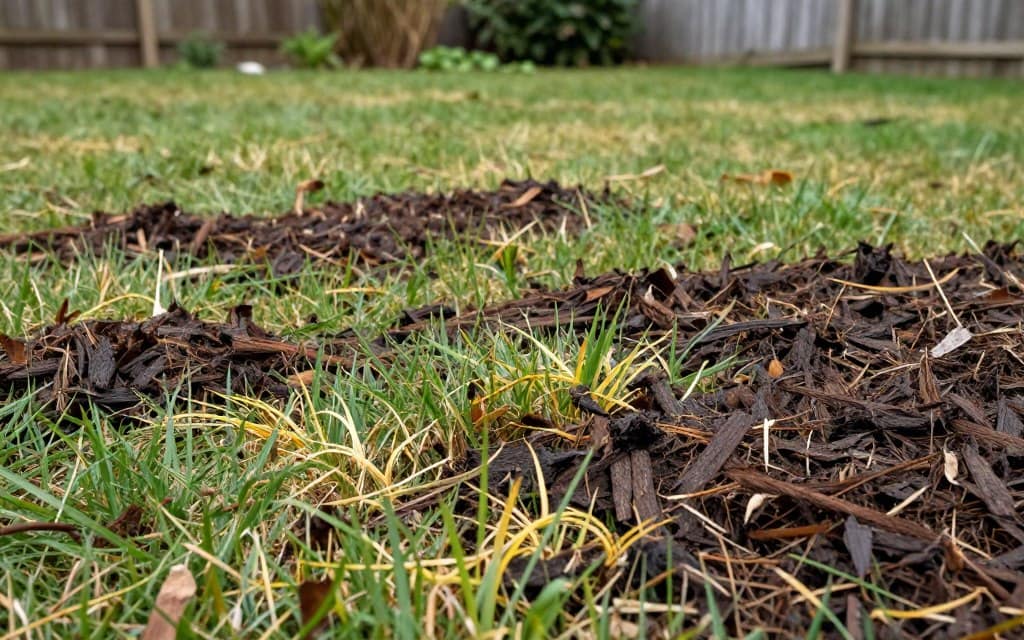 A close-up view of a lawn affected by mulch problems, showcasing areas where mulch is either too thick or improperly applied. In the foreground, patchy grass struggles beneath a layer of dark, decomposed leaves. Some grass blades appear yellow or wilting, contrasting against healthy green spots. In the middle ground, scattered mulch clumps lie in disarray, with some grass emerging around the edges, highlighting issues like smothering. The background features a blurred garden or a wooden fence to suggest a residential area. Soft, diffused natural lighting from an overcast sky creates a subdued, realistic atmosphere, emphasizing the challenges of mulching. The angle is slightly elevated, providing a comprehensive view of the lawn's condition without any human figures or text. A close-up view of a lawn affected by mulch problems, showcasing areas where mulch is either too thick or improperly applied. In the foreground, patchy grass struggles beneath a layer of dark, decomposed leaves. Some grass blades appear yellow or wilting, contrasting against healthy green spots. In the middle ground, scattered mulch clumps lie in disarray, with some grass emerging around the edges, highlighting issues like smothering. The background features a blurred garden or a wooden fence to suggest a residential area. Soft, diffused natural lighting from an overcast sky creates a subdued, realistic atmosphere, emphasizing the challenges of mulching. The angle is slightly elevated, providing a comprehensive view of the lawn's condition without any human figures or text.