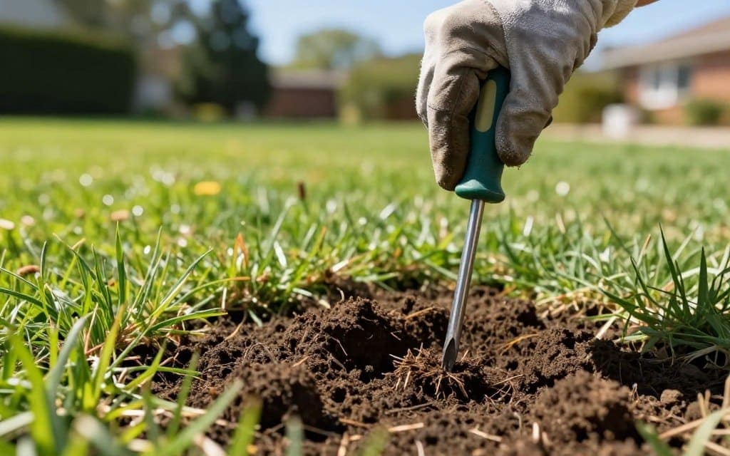 A close-up view of a sturdy metal screwdriver being used to perform a soil compaction test in a residential lawn. The foreground features a focused hand, wearing a durable gardening glove, pressing the screwdriver into the dark, moist soil, revealing clumps of grass roots and compacted earth. In the middle ground, a vibrant green lawn with slight unevenness and patches of bare soil highlights the need for aeration. The background is a soft focus of trees and a blue sky, suggesting a sunny day. Natural sunlight casts gentle shadows, creating a sense of warmth and urgency. The atmosphere conveys a professional, caring approach to lawn maintenance, emphasizing the importance of assessing soil conditions before problems escalate. A close-up view of a sturdy metal screwdriver being used to perform a soil compaction test in a residential lawn. The foreground features a focused hand, wearing a durable gardening glove, pressing the screwdriver into the dark, moist soil, revealing clumps of grass roots and compacted earth. In the middle ground, a vibrant green lawn with slight unevenness and patches of bare soil highlights the need for aeration. The background is a soft focus of trees and a blue sky, suggesting a sunny day. Natural sunlight casts gentle shadows, creating a sense of warmth and urgency. The atmosphere conveys a professional, caring approach to lawn maintenance, emphasizing the importance of assessing soil conditions before problems escalate.
