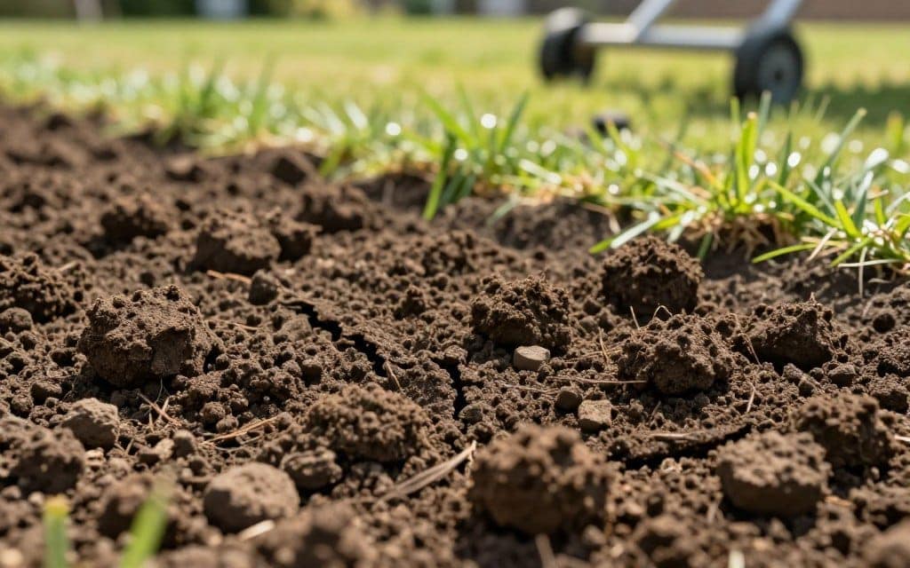 A close-up view of compacted soil prominently displayed in the foreground, showcasing the dense, granular texture and the dark brown color indicative of poor aeration. Subtle cracks and fissures can be seen, highlighting the lack of air pockets essential for root health. In the middle ground, healthy patches of grass contrast against the compacted earth, illustrating the direct impact of aeration on lawn health. The background features a blurred lawn care tool, suggesting maintenance efforts. Soft, natural sunlight filters through, creating a warm, inviting atmosphere that emphasizes the importance of aeration for a vibrant lawn. The image should be taken from a low angle to enhance the depth and detail of the soil texture, focusing on the contrast between compromised and healthy terrain. A close-up view of compacted soil prominently displayed in the foreground, showcasing the dense, granular texture and the dark brown color indicative of poor aeration. Subtle cracks and fissures can be seen, highlighting the lack of air pockets essential for root health. In the middle ground, healthy patches of grass contrast against the compacted earth, illustrating the direct impact of aeration on lawn health. The background features a blurred lawn care tool, suggesting maintenance efforts. Soft, natural sunlight filters through, creating a warm, inviting atmosphere that emphasizes the importance of aeration for a vibrant lawn. The image should be taken from a low angle to enhance the depth and detail of the soil texture, focusing on the contrast between compromised and healthy terrain.