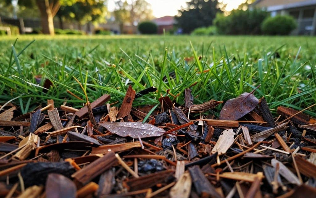A close-up view of freshly mulched leaves spread across a vibrant green lawn, showcasing different shades of brown and rich textures of the mulch. In the foreground, highlight the intricacies of the leaf particles, with dew droplets glistening on them. In the middle ground, illustrate the lush, healthy grass contrasting with the darker mulch, indicating nourishment and protection. The background features softly blurred trees and shrubs, filtering gentle sunlight that casts a warm, inviting glow over the scene. Aim for a slightly angled perspective, capturing depth and layering in the composition. The mood is serene and natural, emphasizing a healthy environment for grass and soil. A close-up view of freshly mulched leaves spread across a vibrant green lawn, showcasing different shades of brown and rich textures of the mulch. In the foreground, highlight the intricacies of the leaf particles, with dew droplets glistening on them. In the middle ground, illustrate the lush, healthy grass contrasting with the darker mulch, indicating nourishment and protection. The background features softly blurred trees and shrubs, filtering gentle sunlight that casts a warm, inviting glow over the scene. Aim for a slightly angled perspective, capturing depth and layering in the composition. The mood is serene and natural, emphasizing a healthy environment for grass and soil.