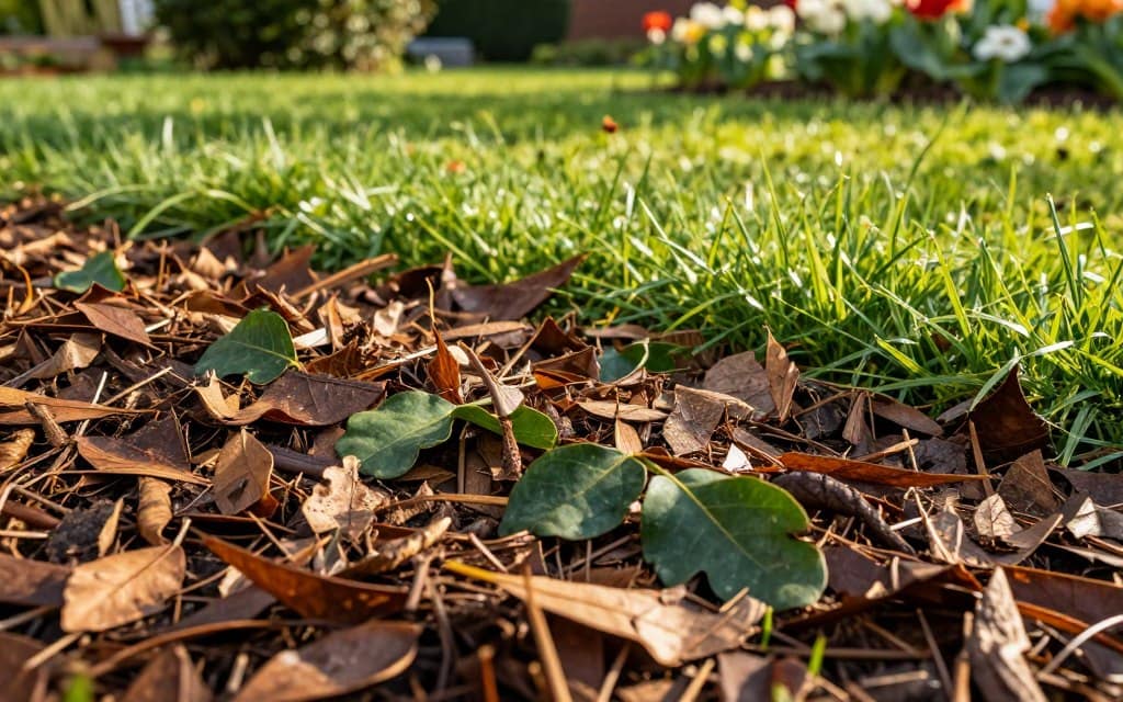 A close-up view of freshly mulched leaves, vibrant shades of brown and dark green, nestled among the healthy blades of grass in a sunlit garden. The foreground features a rich layer of shredded leaves, showcasing their texture and color variations. In the middle ground, a lush green lawn provides a stark contrast, with small tufts of grass partially covered by the mulch, hinting at ideal mulching techniques. The background includes blurred flowerbeds in soft focus, adding depth to the scene. The lighting is warm and natural, encapsulating a serene afternoon ambiance. The angle is slightly elevated, capturing the intricacies of mulching without showing any human figures, creating a calm and educational atmosphere. A close-up view of freshly mulched leaves, vibrant shades of brown and dark green, nestled among the healthy blades of grass in a sunlit garden. The foreground features a rich layer of shredded leaves, showcasing their texture and color variations. In the middle ground, a lush green lawn provides a stark contrast, with small tufts of grass partially covered by the mulch, hinting at ideal mulching techniques. The background includes blurred flowerbeds in soft focus, adding depth to the scene. The lighting is warm and natural, encapsulating a serene afternoon ambiance. The angle is slightly elevated, capturing the intricacies of mulching without showing any human figures, creating a calm and educational atmosphere.