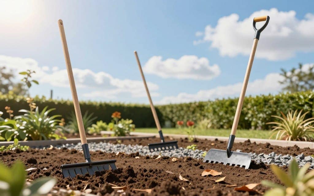 A detailed illustration of various types of landscaping rakes in a bright, vibrant outdoor setting. In the foreground, feature a wooden-handled landscape rake with a wide head designed for smoothing soil, next to a narrow leaf rake, emphasizing their distinct shapes. In the middle ground, show a neatly landscaped garden with freshly turned soil, some leaves, and gravel, showcasing the tasks for which these rakes are used, such as leveling and collecting debris. The background includes a clear blue sky accented by soft, fluffy clouds, and a few neatly trimmed hedges. Use natural, warm lighting with a slight lens flare to create an inviting and professional atmosphere. The overall mood should convey clarity and focus on landscaping tools and tasks, with no human presence or text. A detailed illustration of various types of landscaping rakes in a bright, vibrant outdoor setting. In the foreground, feature a wooden-handled landscape rake with a wide head designed for smoothing soil, next to a narrow leaf rake, emphasizing their distinct shapes. In the middle ground, show a neatly landscaped garden with freshly turned soil, some leaves, and gravel, showcasing the tasks for which these rakes are used, such as leveling and collecting debris. The background includes a clear blue sky accented by soft, fluffy clouds, and a few neatly trimmed hedges. Use natural, warm lighting with a slight lens flare to create an inviting and professional atmosphere. The overall mood should convey clarity and focus on landscaping tools and tasks, with no human presence or text.