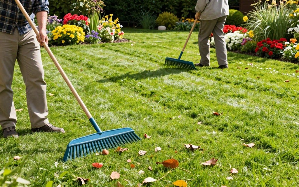 A detailed landscape scene featuring two contrasting sections of a garden showcasing proper and improper raking techniques. In the foreground, a homeowner in modest casual clothing demonstrates the incorrect criss-cross raking method, with scattered leaves strewn across the lawn. The middle ground highlights a neat, well-raked area, with well-defined lines created by a landscaping rake, illustrating the correct technique. The background features a vibrant array of flowers and shrubs under bright, natural sunlight, enhancing the color contrast. The angle captures both sections in a wide shot, emphasizing the importance of proper raking. The atmosphere is serene and inviting, reflecting a well-maintained garden. A detailed landscape scene featuring two contrasting sections of a garden showcasing proper and improper raking techniques. In the foreground, a homeowner in modest casual clothing demonstrates the incorrect criss-cross raking method, with scattered leaves strewn across the lawn. The middle ground highlights a neat, well-raked area, with well-defined lines created by a landscaping rake, illustrating the correct technique. The background features a vibrant array of flowers and shrubs under bright, natural sunlight, enhancing the color contrast. The angle captures both sections in a wide shot, emphasizing the importance of proper raking. The atmosphere is serene and inviting, reflecting a well-maintained garden.