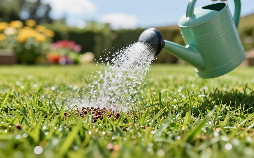 A lush green lawn in bright daylight, showcasing a fresh application of weed and feed product. In the foreground, a close-up view of granules resting on the grass blades, glistening with moisture. In the middle ground, a watering can tipped to convey the act of watering, with droplets flying through the air. The background features a serene garden setting with vibrant flower beds and a clear blue sky, hinting at an ideal environment for lawn care. Soft shadows enhance the textures of the grass and soil, while gentle sunlight creates a warm and inviting atmosphere. The image captures the essential timing of watering after application, reflecting the importance of proper lawn maintenance without any text or people present. A lush green lawn in bright daylight, showcasing a fresh application of weed and feed product. In the foreground, a close-up view of granules resting on the grass blades, glistening with moisture. In the middle ground, a watering can tipped to convey the act of watering, with droplets flying through the air. The background features a serene garden setting with vibrant flower beds and a clear blue sky, hinting at an ideal environment for lawn care. Soft shadows enhance the textures of the grass and soil, while gentle sunlight creates a warm and inviting atmosphere. The image captures the essential timing of watering after application, reflecting the importance of proper lawn maintenance without any text or people present.