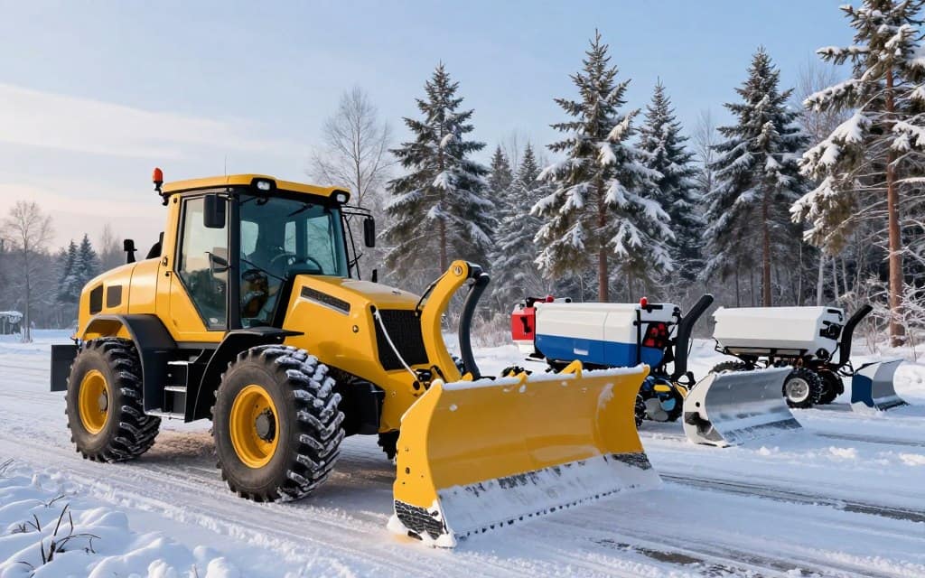 A powerful snow plowing equipment set in a snowy landscape during early morning light. In the foreground, a large, rugged snowplow with a bright yellow blade is parked, equipped with heavy-duty tires and various features like a rotating auger, showcasing intricate mechanical details. In the middle ground, several other snow removal tools, such as a snow blower and a salt spreader, are arranged neatly on a frost-covered driveway. The background features a serene winter scene of tall pine trees dusted with snow under a clear blue sky, adding depth to the image. The atmosphere is crisp and invigorating, highlighting the effectiveness and importance of these tools in managing winter weather. The image is shot from a low angle to emphasize the height and capabilities of the equipment, with soft, natural lighting that enhances the textures of the snow and machinery. A powerful snow plowing equipment set in a snowy landscape during early morning light. In the foreground, a large, rugged snowplow with a bright yellow blade is parked, equipped with heavy-duty tires and various features like a rotating auger, showcasing intricate mechanical details. In the middle ground, several other snow removal tools, such as a snow blower and a salt spreader, are arranged neatly on a frost-covered driveway. The background features a serene winter scene of tall pine trees dusted with snow under a clear blue sky, adding depth to the image. The atmosphere is crisp and invigorating, highlighting the effectiveness and importance of these tools in managing winter weather. The image is shot from a low angle to emphasize the height and capabilities of the equipment, with soft, natural lighting that enhances the textures of the snow and machinery.