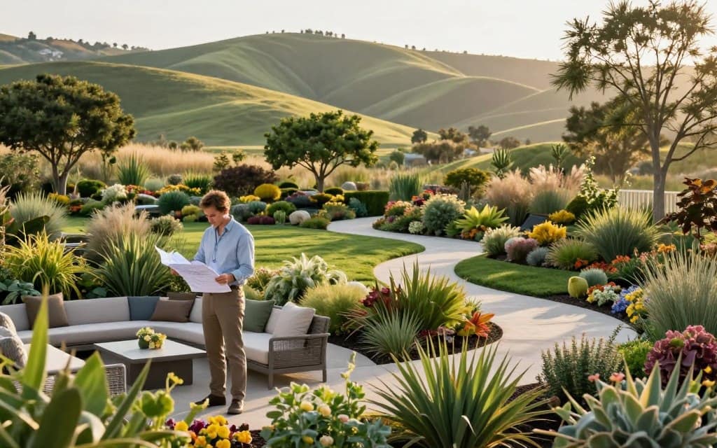 A serene and inviting landscape design scene set in San Jose, showcasing a beautifully curated garden. In the foreground, there's a professional landscape designer in smart casual attire, attentively reviewing blueprints beside a modern outdoor seating area adorned with lush greenery and colorful flowers. The middle ground features a variety of plant species, including native California flora, neatly arranged along winding pathways. In the background, the picturesque rolling hills of San Jose bathed in warm morning light provide a tranquil atmosphere, with soft shadows enhancing the contours of the land. The composition should emphasize a harmonious blend of nature and design, evoking a sense of professionalism and creativity in landscape architecture. The camera angle is slightly elevated to capture the full scope of the design, filled with vibrant colors and textures of the foliage, inviting viewers to envision the experience of custom landscape design. A serene and inviting landscape design scene set in San Jose, showcasing a beautifully curated garden. In the foreground, there's a professional landscape designer in smart casual attire, attentively reviewing blueprints beside a modern outdoor seating area adorned with lush greenery and colorful flowers. The middle ground features a variety of plant species, including native California flora, neatly arranged along winding pathways. In the background, the picturesque rolling hills of San Jose bathed in warm morning light provide a tranquil atmosphere, with soft shadows enhancing the contours of the land. The composition should emphasize a harmonious blend of nature and design, evoking a sense of professionalism and creativity in landscape architecture. The camera angle is slightly elevated to capture the full scope of the design, filled with vibrant colors and textures of the foliage, inviting viewers to envision the experience of custom landscape design.