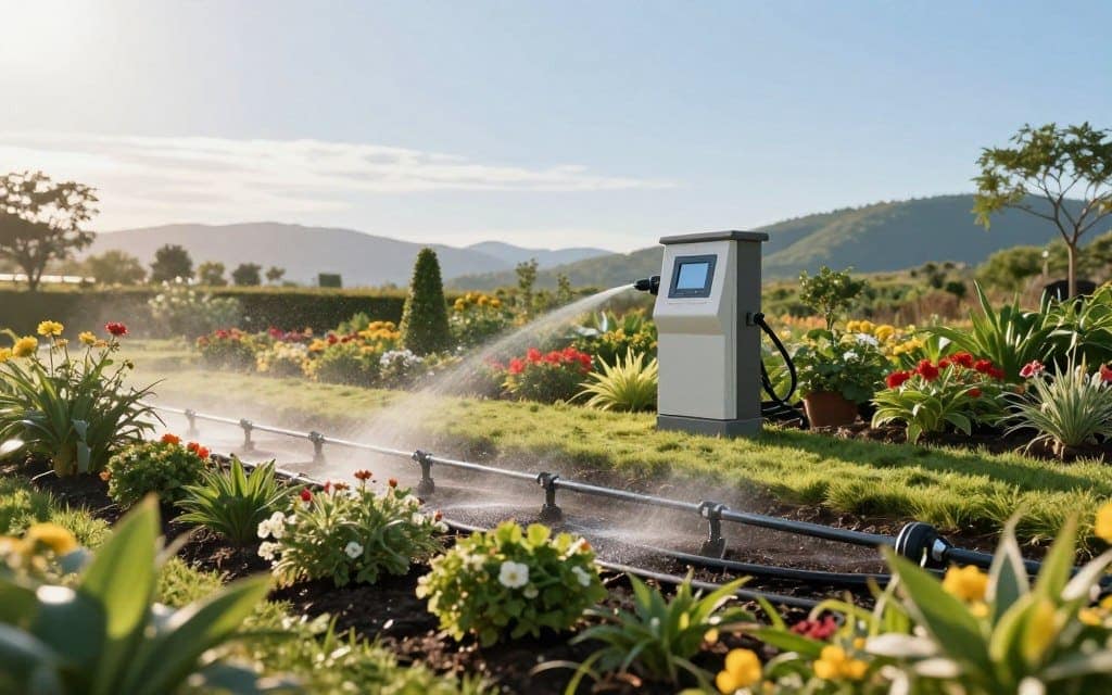A serene landscape showcasing an innovative irrigation system at work. In the foreground, a lush garden with vibrant flowers and green shrubs, demonstrating efficient water management through smart drip irrigation lines, glistening under soft morning sunlight. In the middle ground, a modern automated control panel illustrates state-of-the-art technology for regulating water flow, surrounded by well-maintained flower beds and ornamental plants. In the background, a clear blue sky and distant rolling hills set a tranquil atmosphere. The lighting is bright yet gentle, casting soft shadows on the ground. The mood conveys harmony between nature and technology, emphasizing sustainability and efficiency in landscape upkeep. No captions or text are included. A serene landscape showcasing an innovative irrigation system at work. In the foreground, a lush garden with vibrant flowers and green shrubs, demonstrating efficient water management through smart drip irrigation lines, glistening under soft morning sunlight. In the middle ground, a modern automated control panel illustrates state-of-the-art technology for regulating water flow, surrounded by well-maintained flower beds and ornamental plants. In the background, a clear blue sky and distant rolling hills set a tranquil atmosphere. The lighting is bright yet gentle, casting soft shadows on the ground. The mood conveys harmony between nature and technology, emphasizing sustainability and efficiency in landscape upkeep. No captions or text are included.