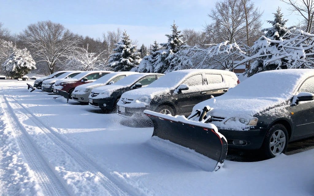 A snowy parking lot after a fresh snowfall, showcasing multiple parked cars blanketed with snowflakes. In the foreground, a well-maintained snowplow is clearing a path, casting a plume of snow into the air. In the middle ground, a line of parked cars reveals their rooftop snowdrifts, while some vehicles have tire tracks leading out of the lot, indicating recent use. The background features a line of snow-covered trees and a clear blue sky contrasting with the white snow, creating a serene winter landscape. Soft, natural lighting bathes the scene, highlighting the glistening snow texture. The overall atmosphere is calm and inviting, emphasizing the need for effective snow removal strategies in local environments. A snowy parking lot after a fresh snowfall, showcasing multiple parked cars blanketed with snowflakes. In the foreground, a well-maintained snowplow is clearing a path, casting a plume of snow into the air. In the middle ground, a line of parked cars reveals their rooftop snowdrifts, while some vehicles have tire tracks leading out of the lot, indicating recent use. The background features a line of snow-covered trees and a clear blue sky contrasting with the white snow, creating a serene winter landscape. Soft, natural lighting bathes the scene, highlighting the glistening snow texture. The overall atmosphere is calm and inviting, emphasizing the need for effective snow removal strategies in local environments.