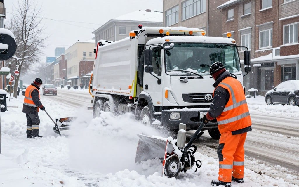 A snowy urban street scene during winter, depicting a professional snow removal crew in action. In the foreground, a worker in a bright orange safety vest and heavy winter gear is operating a snow blower, sending clouds of powdery snow into the air. In the middle ground, a snow removal truck is parked with its plow raised, while another worker shovels snow from a sidewalk. The background features snow-covered buildings and a cloudy sky, hinting at an incoming winter storm. The scene is lit with soft, diffused daylight, creating a calm yet industrious atmosphere. Capture this moment at a slightly low angle to emphasize the action and the layers of snow, ensuring a realistic portrayal of winter weather challenges. A snowy urban street scene during winter, depicting a professional snow removal crew in action. In the foreground, a worker in a bright orange safety vest and heavy winter gear is operating a snow blower, sending clouds of powdery snow into the air. In the middle ground, a snow removal truck is parked with its plow raised, while another worker shovels snow from a sidewalk. The background features snow-covered buildings and a cloudy sky, hinting at an incoming winter storm. The scene is lit with soft, diffused daylight, creating a calm yet industrious atmosphere. Capture this moment at a slightly low angle to emphasize the action and the layers of snow, ensuring a realistic portrayal of winter weather challenges.