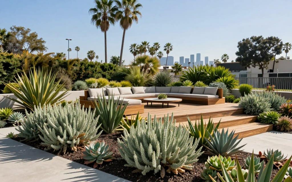 A vibrant Los Angeles eco-friendly landscape featuring drought-resistant native plants like sage and succulents in the foreground, artfully arranged in a modern garden design. In the middle ground, a sustainable wooden deck with a stylish outdoor seating area surrounded by lush greenery, creating a serene outdoor space. The background showcases iconic California palm trees against a clear blue sky, with the distant silhouette of the city skyline. Soft, natural sunlight bathes the scene, casting gentle shadows and enhancing the colors of the landscape. The overall mood is peaceful and refreshing, capturing the essence of sustainable living in an urban setting. A vibrant Los Angeles eco-friendly landscape featuring drought-resistant native plants like sage and succulents in the foreground, artfully arranged in a modern garden design. In the middle ground, a sustainable wooden deck with a stylish outdoor seating area surrounded by lush greenery, creating a serene outdoor space. The background showcases iconic California palm trees against a clear blue sky, with the distant silhouette of the city skyline. Soft, natural sunlight bathes the scene, casting gentle shadows and enhancing the colors of the landscape. The overall mood is peaceful and refreshing, capturing the essence of sustainable living in an urban setting.