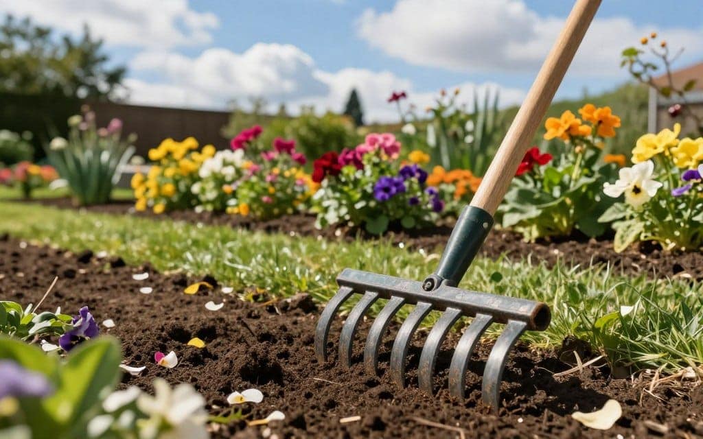 A vibrant and picturesque garden landscape featuring a variety of colorful flowers and lush greenery, focusing on a well-used landscaping rake resting on soft, fresh soil. In the foreground, the rake's detailed texture and sturdy wooden handle are highlighted, showcasing its wear from hard work. The middle ground includes neatly raked soil with scattered flower petals, creating a sense of order. In the background, a serene blue sky is interspersed with gentle white clouds, bathing the scene in warm, natural sunlight. The atmosphere is inviting and tranquil, suggesting the beauty and potential of a well-maintained yard, ideal for inspiring homeowners. A vibrant and picturesque garden landscape featuring a variety of colorful flowers and lush greenery, focusing on a well-used landscaping rake resting on soft, fresh soil. In the foreground, the rake's detailed texture and sturdy wooden handle are highlighted, showcasing its wear from hard work. The middle ground includes neatly raked soil with scattered flower petals, creating a sense of order. In the background, a serene blue sky is interspersed with gentle white clouds, bathing the scene in warm, natural sunlight. The atmosphere is inviting and tranquil, suggesting the beauty and potential of a well-maintained yard, ideal for inspiring homeowners.
