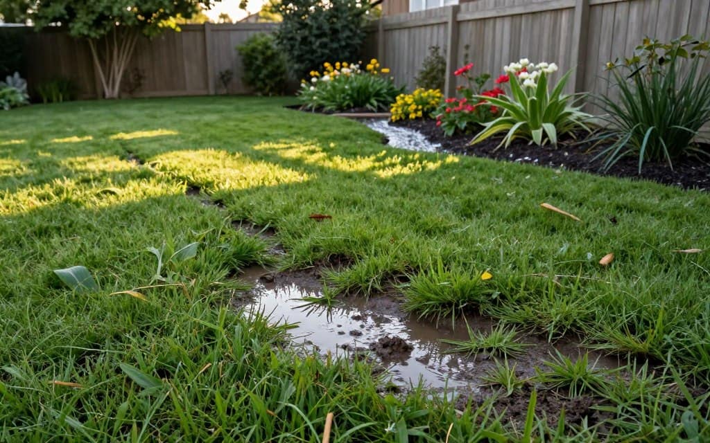 A vibrant backyard scene illustrating water flow issues in a residential lawn. In the foreground, a patch of lawn with visible pooling water, muddy patches, and overgrown grass, illustrating poor drainage. In the middle ground, a gentle incline towards a flower bed, where a small stream of water flows, indicating overflow problems. The background features a fence and trees, slightly blurred for depth. The lighting is soft, mimicking a late afternoon sun, casting gentle shadows on the lawn. A wide-angle perspective captures the overall environment, evoking a sense of concern yet providing a clear view of the drainage issues. The atmosphere is calm, yet indicates the need for action. The image is devoid of any text or watermarks. A vibrant backyard scene illustrating water flow issues in a residential lawn. In the foreground, a patch of lawn with visible pooling water, muddy patches, and overgrown grass, illustrating poor drainage. In the middle ground, a gentle incline towards a flower bed, where a small stream of water flows, indicating overflow problems. The background features a fence and trees, slightly blurred for depth. The lighting is soft, mimicking a late afternoon sun, casting gentle shadows on the lawn. A wide-angle perspective captures the overall environment, evoking a sense of concern yet providing a clear view of the drainage issues. The atmosphere is calm, yet indicates the need for action. The image is devoid of any text or watermarks.