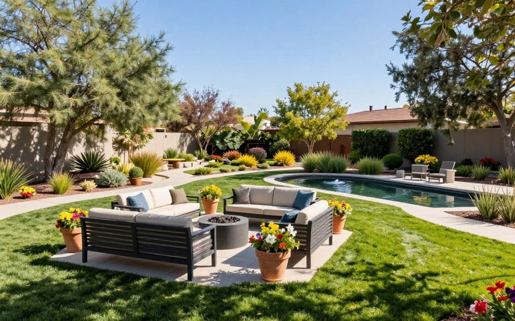 A vibrant outdoor living space in San Jose, showcasing a beautifully designed landscape. In the foreground, a neatly manicured lawn features a stylish seating area with modern outdoor furniture and a cozy fire pit, perfect for gatherings. Potted plants and colorful flowers add life and warmth. The middle ground displays a lush garden with native San Jose plants, intertwining pathways, and a serene water feature, reflecting the essence of landscape design. The background portrays a clear blue sky with soft sunlight filtering through trees, creating dappled shadows. The atmosphere feels inviting and tranquil, emphasizing the value of outdoor living. Use a wide-angle lens to capture the breadth of the space, with a focus on natural lighting to enhance the vibrant colors and details. A vibrant outdoor living space in San Jose, showcasing a beautifully designed landscape. In the foreground, a neatly manicured lawn features a stylish seating area with modern outdoor furniture and a cozy fire pit, perfect for gatherings. Potted plants and colorful flowers add life and warmth. The middle ground displays a lush garden with native San Jose plants, intertwining pathways, and a serene water feature, reflecting the essence of landscape design. The background portrays a clear blue sky with soft sunlight filtering through trees, creating dappled shadows. The atmosphere feels inviting and tranquil, emphasizing the value of outdoor living. Use a wide-angle lens to capture the breadth of the space, with a focus on natural lighting to enhance the vibrant colors and details.