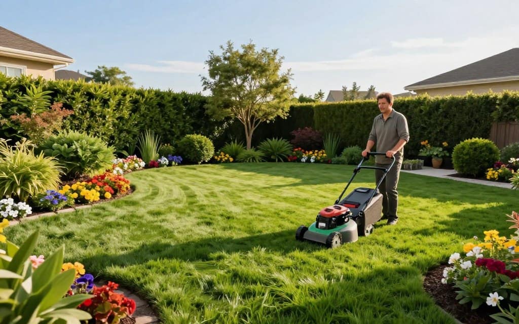 A vibrant, well-maintained lawn in a suburban backyard setting, featuring a variety of lush green grasses and colorful flower beds along the edges. In the foreground, a professional gardener wearing modest casual clothing is using a high-quality lawn mower, showcasing effective lawn care techniques. In the middle ground, neatly trimmed hedges and ornamental shrubs create an organized landscape that highlights time-saving maintenance practices. The background features a clear blue sky with soft, warm sunlight illuminating the scene, enhancing the inviting atmosphere. A wide-angle lens captures the manicured space from a slightly elevated angle, emphasizing the neat layout and careful planning that contribute to reduced maintenance efforts. The overall mood is serene and productive, reflecting the success of efficient landscape maintenance. A vibrant, well-maintained lawn in a suburban backyard setting, featuring a variety of lush green grasses and colorful flower beds along the edges. In the foreground, a professional gardener wearing modest casual clothing is using a high-quality lawn mower, showcasing effective lawn care techniques. In the middle ground, neatly trimmed hedges and ornamental shrubs create an organized landscape that highlights time-saving maintenance practices. The background features a clear blue sky with soft, warm sunlight illuminating the scene, enhancing the inviting atmosphere. A wide-angle lens captures the manicured space from a slightly elevated angle, emphasizing the neat layout and careful planning that contribute to reduced maintenance efforts. The overall mood is serene and productive, reflecting the success of efficient landscape maintenance.