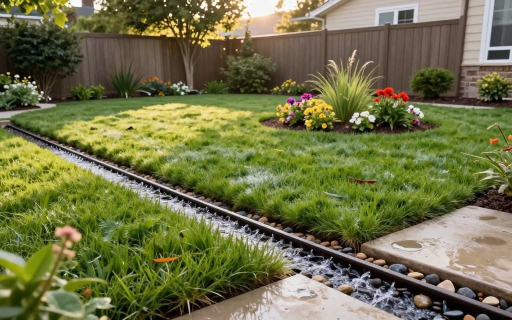 A well-organized residential backyard with effective drainage solutions. In the foreground, a newly installed French drain with stones and water flowing gently through it, showcasing its functionality. In the middle ground, lush green grass free of puddles, indicating a dry and healthy lawn, with a small decorative rain garden planted with colorful native flowers. The background features a well-maintained fence and trees, with soft sunlight filtering through the leaves, creating a warm and inviting atmosphere. The scene is captured from a slightly elevated angle to emphasize the layout and effectiveness of the drainage system. The mood is peaceful yet industrious, reflecting a proactive approach to lawn care. A well-organized residential backyard with effective drainage solutions. In the foreground, a newly installed French drain with stones and water flowing gently through it, showcasing its functionality. In the middle ground, lush green grass free of puddles, indicating a dry and healthy lawn, with a small decorative rain garden planted with colorful native flowers. The background features a well-maintained fence and trees, with soft sunlight filtering through the leaves, creating a warm and inviting atmosphere. The scene is captured from a slightly elevated angle to emphasize the layout and effectiveness of the drainage system. The mood is peaceful yet industrious, reflecting a proactive approach to lawn care.