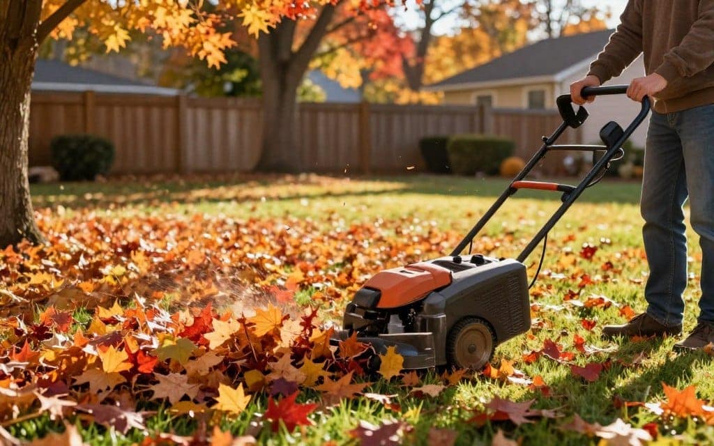 a serene autumn scene depicting a homeowner mulching fallen leaves in a suburban yard, with vibrant orange, red, and yellow leaves scattered around. The foreground shows a person in casual, comfortable clothing using a mulching mower, the blades visibly shredding the leaves, creating a gentle spray of leaf particles. In the middle ground, a well-maintained lawn is visible, hinting at healthy grass that has benefitted from mulching. The background features a quaint wooden fence and a few trees, their foliage in beautiful autumn hues. Soft, golden afternoon sunlight filters through the branches, casting gentle shadows on the ground, creating a warm and inviting atmosphere. The image conveys a sense of care and attention to lawn health during the fall season. a serene autumn scene depicting a homeowner mulching fallen leaves in a suburban yard, with vibrant orange, red, and yellow leaves scattered around. The foreground shows a person in casual, comfortable clothing using a mulching mower, the blades visibly shredding the leaves, creating a gentle spray of leaf particles. In the middle ground, a well-maintained lawn is visible, hinting at healthy grass that has benefitted from mulching. The background features a quaint wooden fence and a few trees, their foliage in beautiful autumn hues. Soft, golden afternoon sunlight filters through the branches, casting gentle shadows on the ground, creating a warm and inviting atmosphere. The image conveys a sense of care and attention to lawn health during the fall season.