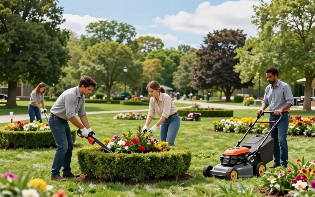 A busy commercial landscape maintenance team at work in a lush green park. In the foreground, a diverse group of four professionals in professional business attire and modest casual clothing is engaged in various tasks: one person is trimming hedges with electric shears, another is planting vibrant flowers, while a third operates a commercial lawn mower. The middle ground features neatly tended flower beds and freshly cut grass, with gardening equipment scattered about. In the background, tall trees and a clear blue sky frame the scene, suggesting a sunny, pleasant day. The lighting is bright yet soft, evoking a sense of productivity and teamwork in a serene outdoor environment. A busy commercial landscape maintenance team at work in a lush green park. In the foreground, a diverse group of four professionals in professional business attire and modest casual clothing is engaged in various tasks: one person is trimming hedges with electric shears, another is planting vibrant flowers, while a third operates a commercial lawn mower. The middle ground features neatly tended flower beds and freshly cut grass, with gardening equipment scattered about. In the background, tall trees and a clear blue sky frame the scene, suggesting a sunny, pleasant day. The lighting is bright yet soft, evoking a sense of productivity and teamwork in a serene outdoor environment.