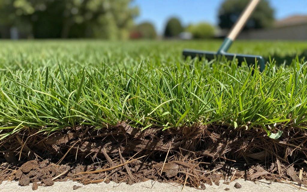 A close-up view of a lush green lawn, showcasing a distinct layer of thatch, emphasizing the contrast between the dark, fibrous thatch layer and the vibrant grass above. In the foreground, the thatch is visible, showing its textures and depth, while the healthy grass blades sway gently, catching the sunlight. The middle ground features a garden tool, like a thatch rake, partially embedded in the grass, hinting at lawn maintenance practices. The background includes blurred trees and a clear blue sky, creating a serene outdoor atmosphere. Natural sunlight illuminates the scene, casting soft shadows that enhance the details, with a focus on health and vitality in the lawn, inviting a sense of curiosity about lawn care. A close-up view of a lush green lawn, showcasing a distinct layer of thatch, emphasizing the contrast between the dark, fibrous thatch layer and the vibrant grass above. In the foreground, the thatch is visible, showing its textures and depth, while the healthy grass blades sway gently, catching the sunlight. The middle ground features a garden tool, like a thatch rake, partially embedded in the grass, hinting at lawn maintenance practices. The background includes blurred trees and a clear blue sky, creating a serene outdoor atmosphere. Natural sunlight illuminates the scene, casting soft shadows that enhance the details, with a focus on health and vitality in the lawn, inviting a sense of curiosity about lawn care.