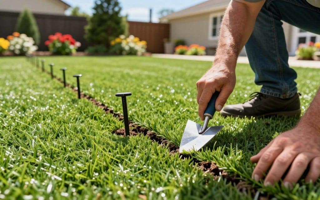A close-up view of turf anchors and adhesives being used to secure artificial grass in a residential backyard setting. In the foreground, show a skilled worker in modest casual clothing meticulously applying a strong adhesive along the edges of lush, green turf with a trowel. In the middle ground, depict multiple turf anchors being driven into the soil, ensuring the turf stays firmly in place. The background features a well-maintained lawn, vibrant flower beds, and a bright blue sky, suggesting a sunny, pleasant day. Natural sunlight casts soft shadows, enhancing the textures of the turf and tools. The overall mood is one of professionalism and care in landscape maintenance. A close-up view of turf anchors and adhesives being used to secure artificial grass in a residential backyard setting. In the foreground, show a skilled worker in modest casual clothing meticulously applying a strong adhesive along the edges of lush, green turf with a trowel. In the middle ground, depict multiple turf anchors being driven into the soil, ensuring the turf stays firmly in place. The background features a well-maintained lawn, vibrant flower beds, and a bright blue sky, suggesting a sunny, pleasant day. Natural sunlight casts soft shadows, enhancing the textures of the turf and tools. The overall mood is one of professionalism and care in landscape maintenance.