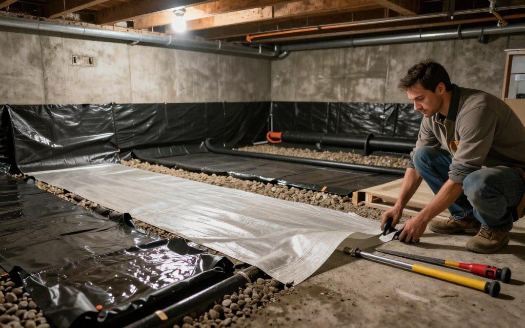 A detailed basement waterproofing scene showcasing foundation protection techniques. In the foreground, display a professional contractor in modest casual clothing, examining a permeable drainage membrane being installed along a concrete foundation wall, with heavy-duty tools beside him. In the middle ground, depict the foundation being reinforced with waterproof coatings and drainage systems, featuring visually appealing textures like rubberized membranes and gravel layers. The background should have a dimly lit basement with exposed beams and pipes, hinting at a moist environment needing renovation. Soft, warm lighting emphasizes the contrast between the dry installed components and the damp surroundings. Capture a mood of professionalism and determination focused on permanent solutions, at a low-angle perspective emphasizing the techniques in action, while ensuring the entire scene remains clean and organized. A detailed basement waterproofing scene showcasing foundation protection techniques. In the foreground, display a professional contractor in modest casual clothing, examining a permeable drainage membrane being installed along a concrete foundation wall, with heavy-duty tools beside him. In the middle ground, depict the foundation being reinforced with waterproof coatings and drainage systems, featuring visually appealing textures like rubberized membranes and gravel layers. The background should have a dimly lit basement with exposed beams and pipes, hinting at a moist environment needing renovation. Soft, warm lighting emphasizes the contrast between the dry installed components and the damp surroundings. Capture a mood of professionalism and determination focused on permanent solutions, at a low-angle perspective emphasizing the techniques in action, while ensuring the entire scene remains clean and organized.