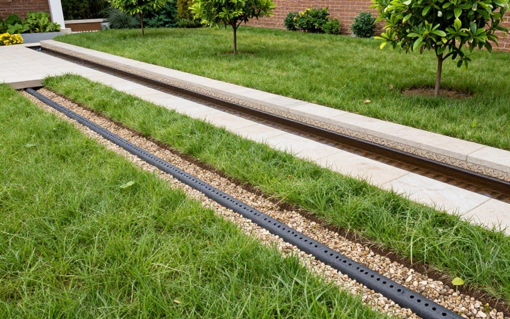 A detailed illustration of a French drain and channel drain system installed in a backyard landscape, showcasing their functionality in managing water runoff. In the foreground, a well-defined French drain made of gravel and perforated pipe, integrated into the ground and surrounded by lush green grass. In the middle ground, a channel drain lined with decorative stone, visibly collecting water flow from a patio area. The background features a gently sloping yard with small trees and hedges, under soft, natural lighting indicative of a clear day. The mood is serene and organized, reflecting a well-maintained outdoor space with effective drainage solutions. The perspective is slightly elevated, capturing multiple drainage systems cohesively without any distractions. A detailed illustration of a French drain and channel drain system installed in a backyard landscape, showcasing their functionality in managing water runoff. In the foreground, a well-defined French drain made of gravel and perforated pipe, integrated into the ground and surrounded by lush green grass. In the middle ground, a channel drain lined with decorative stone, visibly collecting water flow from a patio area. The background features a gently sloping yard with small trees and hedges, under soft, natural lighting indicative of a clear day. The mood is serene and organized, reflecting a well-maintained outdoor space with effective drainage solutions. The perspective is slightly elevated, capturing multiple drainage systems cohesively without any distractions.