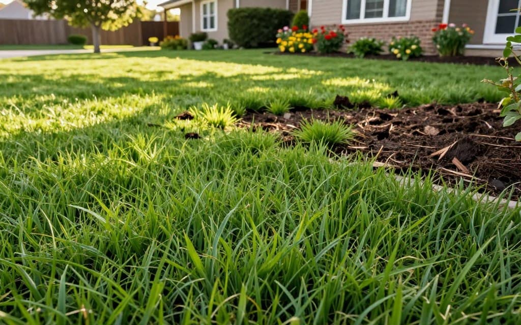 A lush, vibrant lawn undergoing the transformation after dethatching, showcasing healthy green grass lushly sprouting in the foreground. The middle ground features scattered patches of fresh grass, enriched soil and thatch debris cleared away. In the background, an inviting suburban home with well-maintained flower beds and trees, creating a tranquil and fresh atmosphere. The scene is illuminated with soft, warm sunlight casting gentle shadows, highlighting the textures of the grass blades and soil. The angle is slightly elevated to provide a clear view of the lawn's improvement. The overall mood is revitalizing and hopeful, emphasizing the benefits of lawn care. A lush, vibrant lawn undergoing the transformation after dethatching, showcasing healthy green grass lushly sprouting in the foreground. The middle ground features scattered patches of fresh grass, enriched soil and thatch debris cleared away. In the background, an inviting suburban home with well-maintained flower beds and trees, creating a tranquil and fresh atmosphere. The scene is illuminated with soft, warm sunlight casting gentle shadows, highlighting the textures of the grass blades and soil. The angle is slightly elevated to provide a clear view of the lawn's improvement. The overall mood is revitalizing and hopeful, emphasizing the benefits of lawn care.