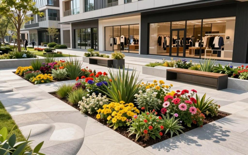 A modern commercial landscape design scene showcasing innovative outdoor designs aimed at enhancing curb appeal. In the foreground, a thoughtfully arranged flower bed bursting with vibrant seasonal blooms, flanked by smooth, sculpted stone pathways. The middle ground features strategically placed seating areas with stylish benches and elegant planters, surrounded by greenery. In the background, a sleek retail storefront reflects contemporary architecture with large glass windows and a well-maintained outdoor space. The lighting is bright and inviting, suggesting a sunny day, with soft shadows cast by nearby trees. The camera angle is slightly elevated, capturing the full layout of the landscape while ensuring a professional and inviting atmosphere that attracts potential customers. A modern commercial landscape design scene showcasing innovative outdoor designs aimed at enhancing curb appeal. In the foreground, a thoughtfully arranged flower bed bursting with vibrant seasonal blooms, flanked by smooth, sculpted stone pathways. The middle ground features strategically placed seating areas with stylish benches and elegant planters, surrounded by greenery. In the background, a sleek retail storefront reflects contemporary architecture with large glass windows and a well-maintained outdoor space. The lighting is bright and inviting, suggesting a sunny day, with soft shadows cast by nearby trees. The camera angle is slightly elevated, capturing the full layout of the landscape while ensuring a professional and inviting atmosphere that attracts potential customers.